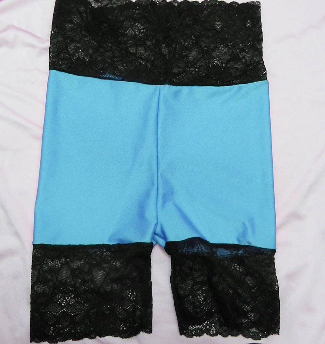 Turquoise spandex shorts hot pants with black lace top & cuffs Etsy