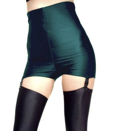 Image of High Waisted Dark Bottle Green Spandex Black Suspender Shorts Hot Pants