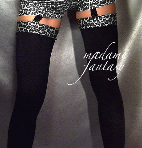Image of Black Shiny Spandex Stockings Leopard Print Top Black White