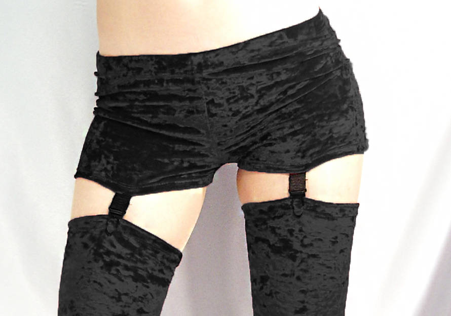 Image of Black Crushed Velour Shorts With Suspenders