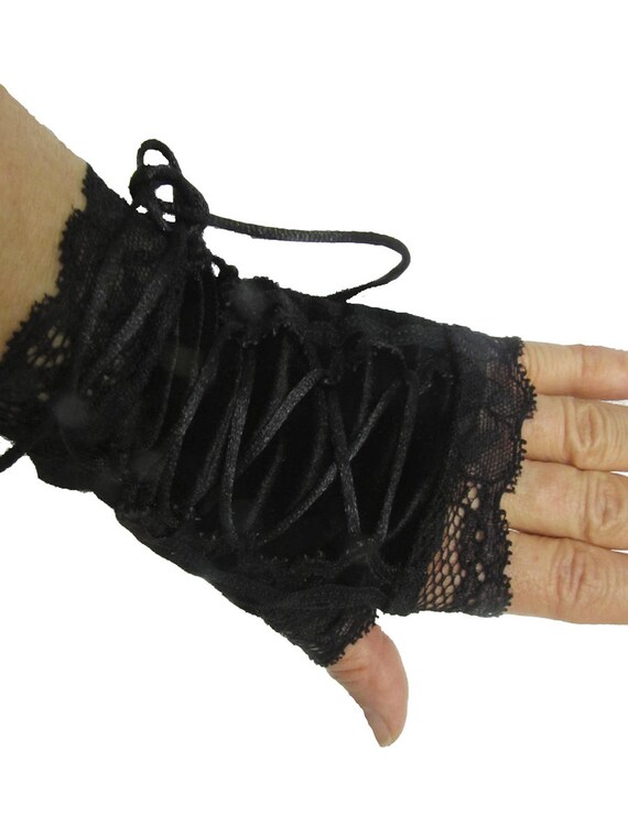MADAME FANTASY LONG BLACK VELOUR LACE UP FINGERLESS GLOVES ARM WARMERS RIBBON