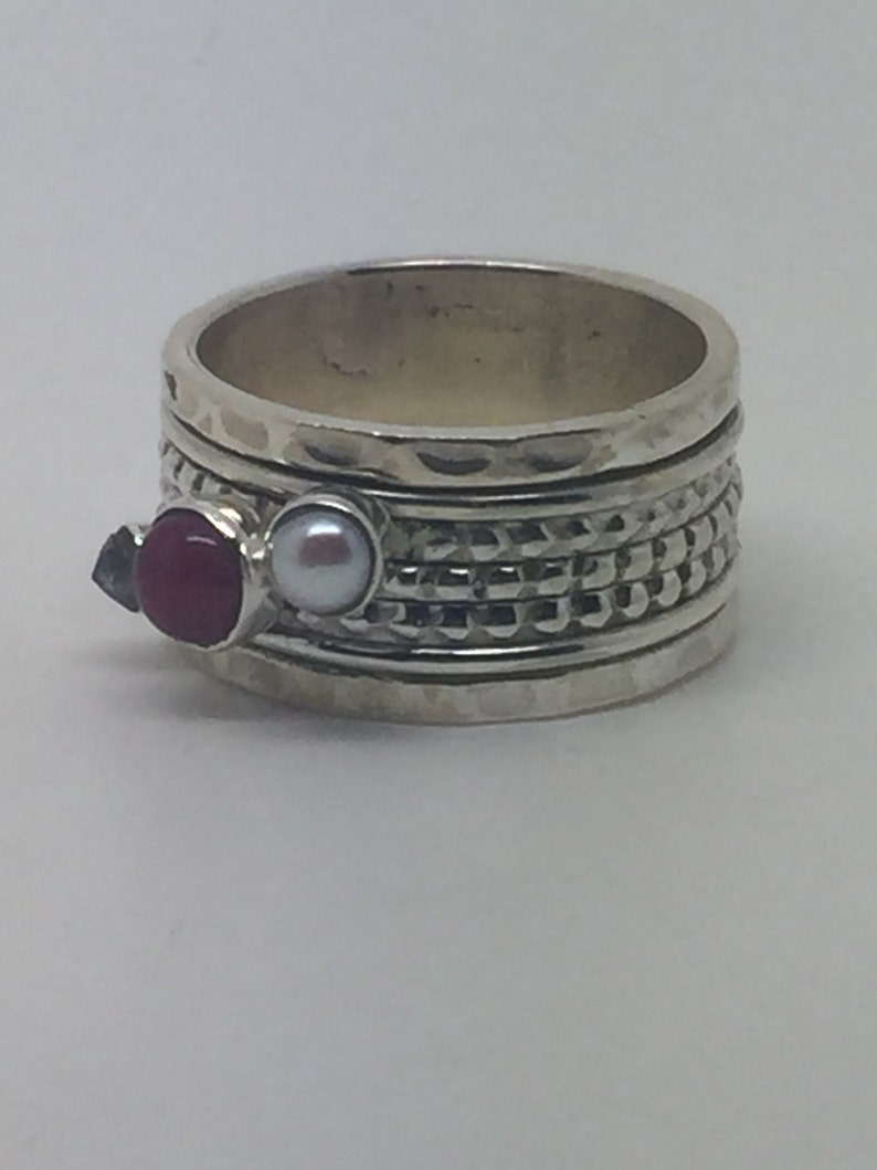 silver rotating ring with smoky quartz,pearl/&ruby stone,rotating stone ring,Spinning ring spinner ring,silver stone ring,gemstone ring