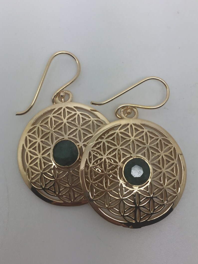 14k gold plated flower of life earrings with emerald stone,flower of life earrings,emerald earrings,stone earrings,flower of life jewelry,