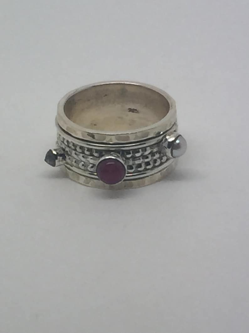 silver rotating ring with smoky quartz,pearl/&ruby stone,rotating stone ring,Spinning ring spinner ring,silver stone ring,gemstone ring