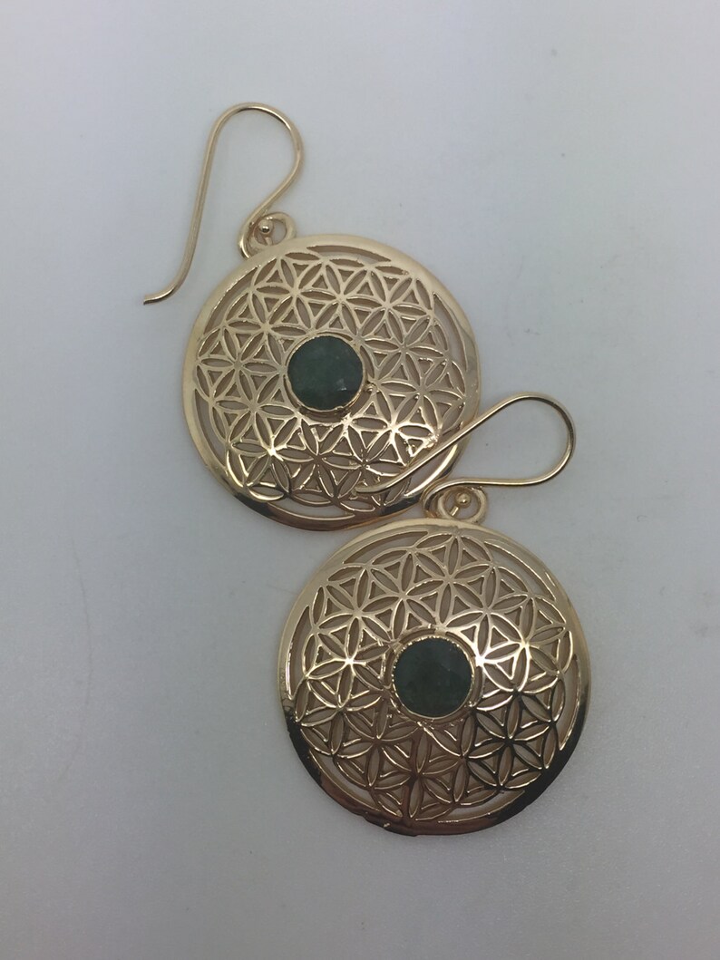 14k gold plated flower of life earrings with emerald stone,flower of life earrings,emerald earrings,stone earrings,flower of life jewelry,