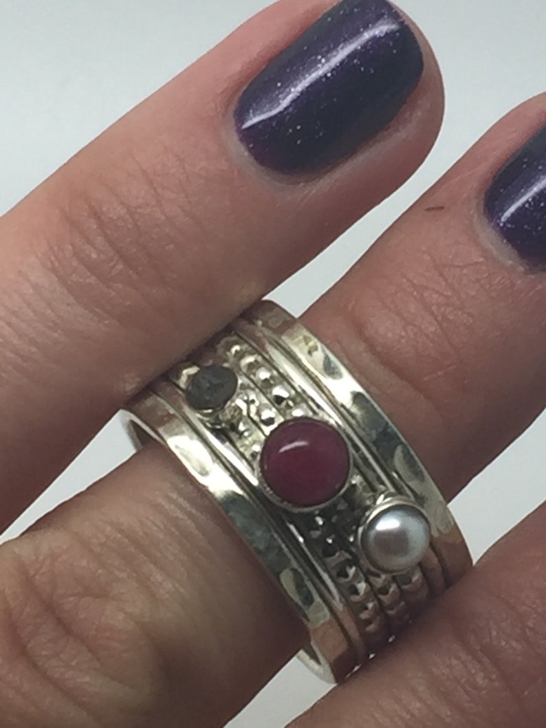 silver rotating ring with smoky quartz,pearl/&ruby stone,rotating stone ring,Spinning ring spinner ring,silver stone ring,gemstone ring