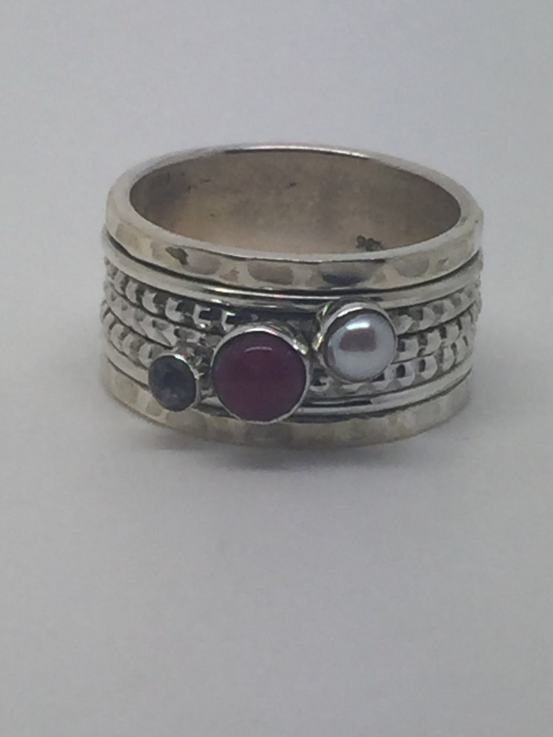 silver rotating ring with smoky quartz,pearl/&ruby stone,rotating stone ring,Spinning ring spinner ring,silver stone ring,gemstone ring