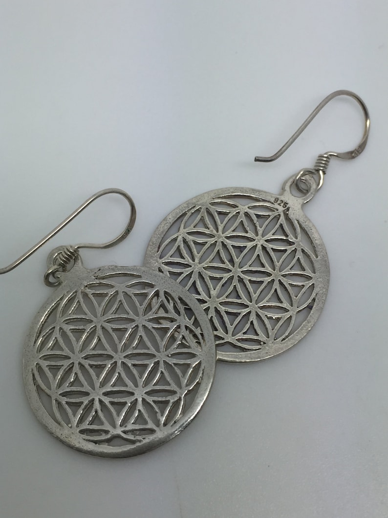 silver dangle earrings with flower of life design,flower of life jewelry,silver jewelry,drop earrings,gypsy earrings,boho earrings,boho chic