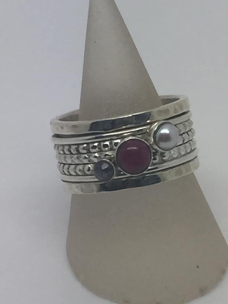 silver rotating ring with smoky quartz,pearl/&ruby stone,rotating stone ring,Spinning ring spinner ring,silver stone ring,gemstone ring