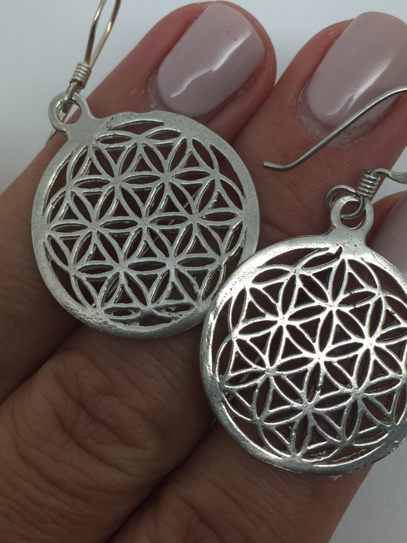 silver dangle earrings with flower of life design,flower of life jewelry,silver jewelry,drop earrings,gypsy earrings,boho earrings,boho chic