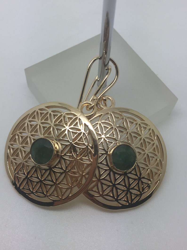 14k gold plated flower of life earrings with emerald stone,flower of life earrings,emerald earrings,stone earrings,flower of life jewelry,