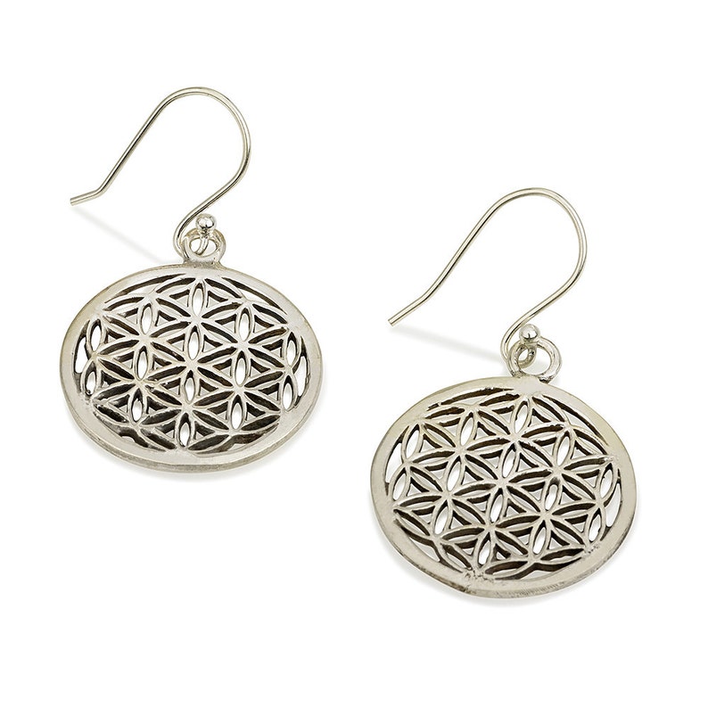 silver dangle earrings with flower of life design,flower of life jewelry,silver jewelry,drop earrings,gypsy earrings,boho earrings,boho chic