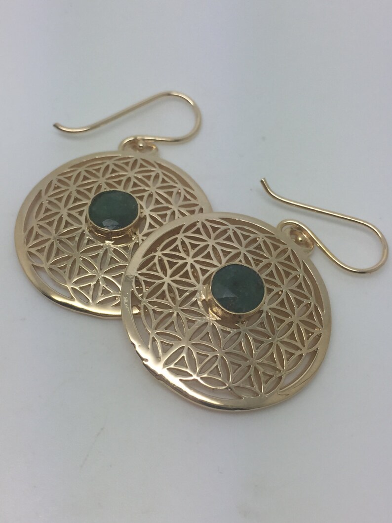 14k gold plated flower of life earrings with emerald stone,flower of life earrings,emerald earrings,stone earrings,flower of life jewelry,