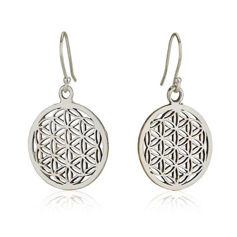 silver dangle earrings with flower of life design,flower of life jewelry,silver jewelry,drop earrings,gypsy earrings,boho earrings,boho chic