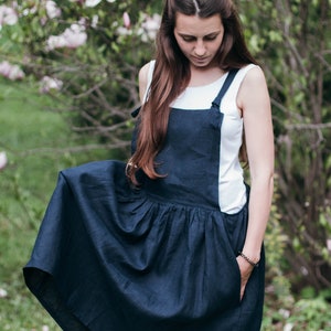 Ukrainian design, Womens Linen Overall Dress, Navy Blue, Oversized, Summer Skirt, Linen Clothes, Natural Flax, Womens Clothing