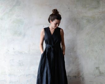 FREE SHIPPING, Womens Linen Dress, Wraparound Dress, Black Dress, Classic Dress, Summer Dress, Beach Dress, Linen Clothes, Natural Flax