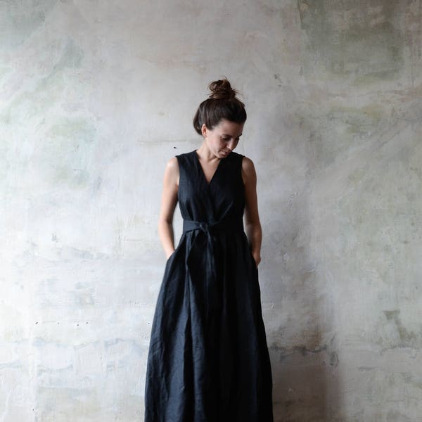 FREE SHIPPING, Womens Linen Dress, Wraparound Dress, Black Dress, Classic Dress, Summer Dress, Beach Dress, Linen Clothes, Natural Flax