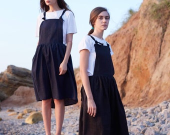 Womens Linen Overall Dress, Navy Blue, Back, Oversized, Summer Skirt, Linen Clothes, Natural Flax, Womens Clothing