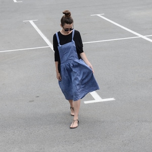 Ukrainian design, Womens Linen Overall Dress, Denim Blue, Azure, Oversized, Summer Skirt,  Linen Clothes SS16, Natural Flax, Womens Clothing