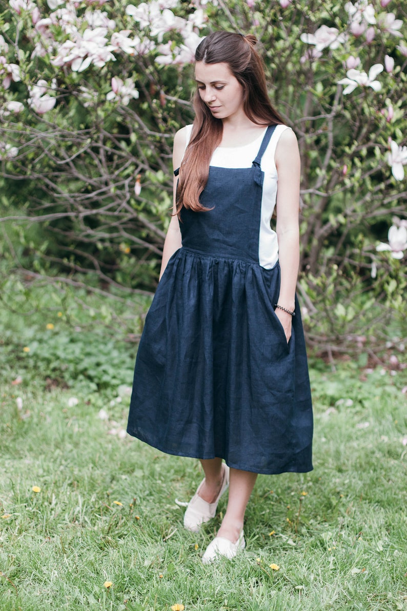 SALE Womens Linen Overall Dress Navy Blue Oversized Etsy