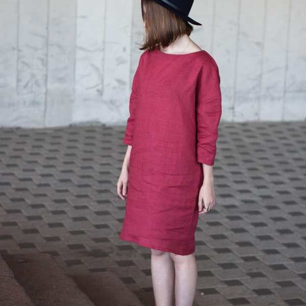 Womens Linen Dress, Сlassic Dress, Hot Pink, Crimson Color, Summer Dress, Beach Dress, Designer clothing, Linen Clothes SS16, Natural Flax