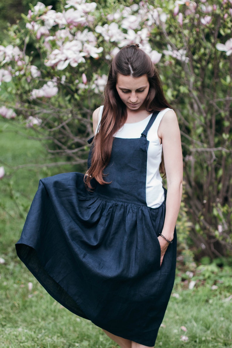 SALE Womens Linen Overall Dress Navy Blue Oversized Etsy