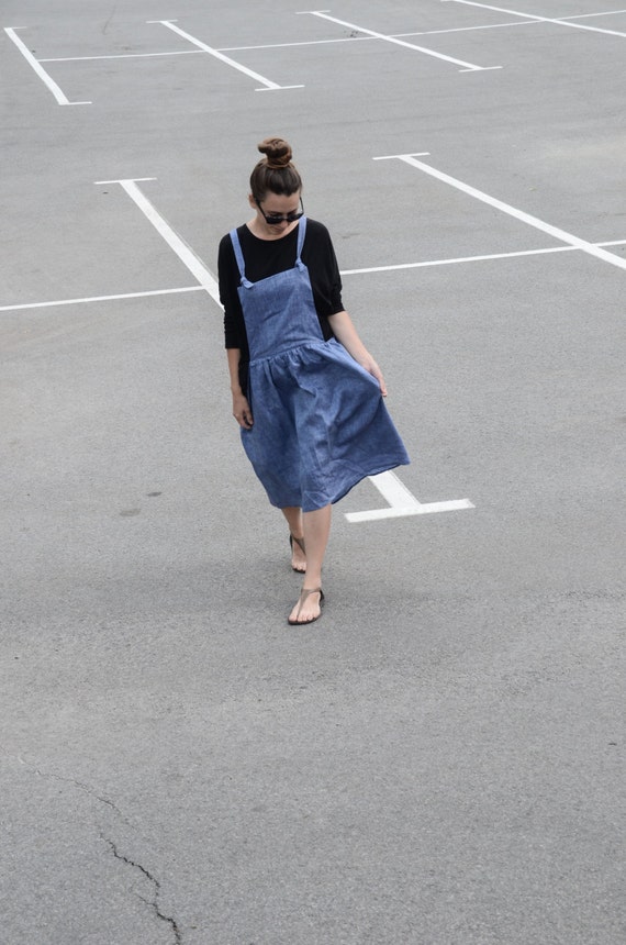 Ukrainian Design, Womens Linen Overall Dress, Denim Blue, Azure