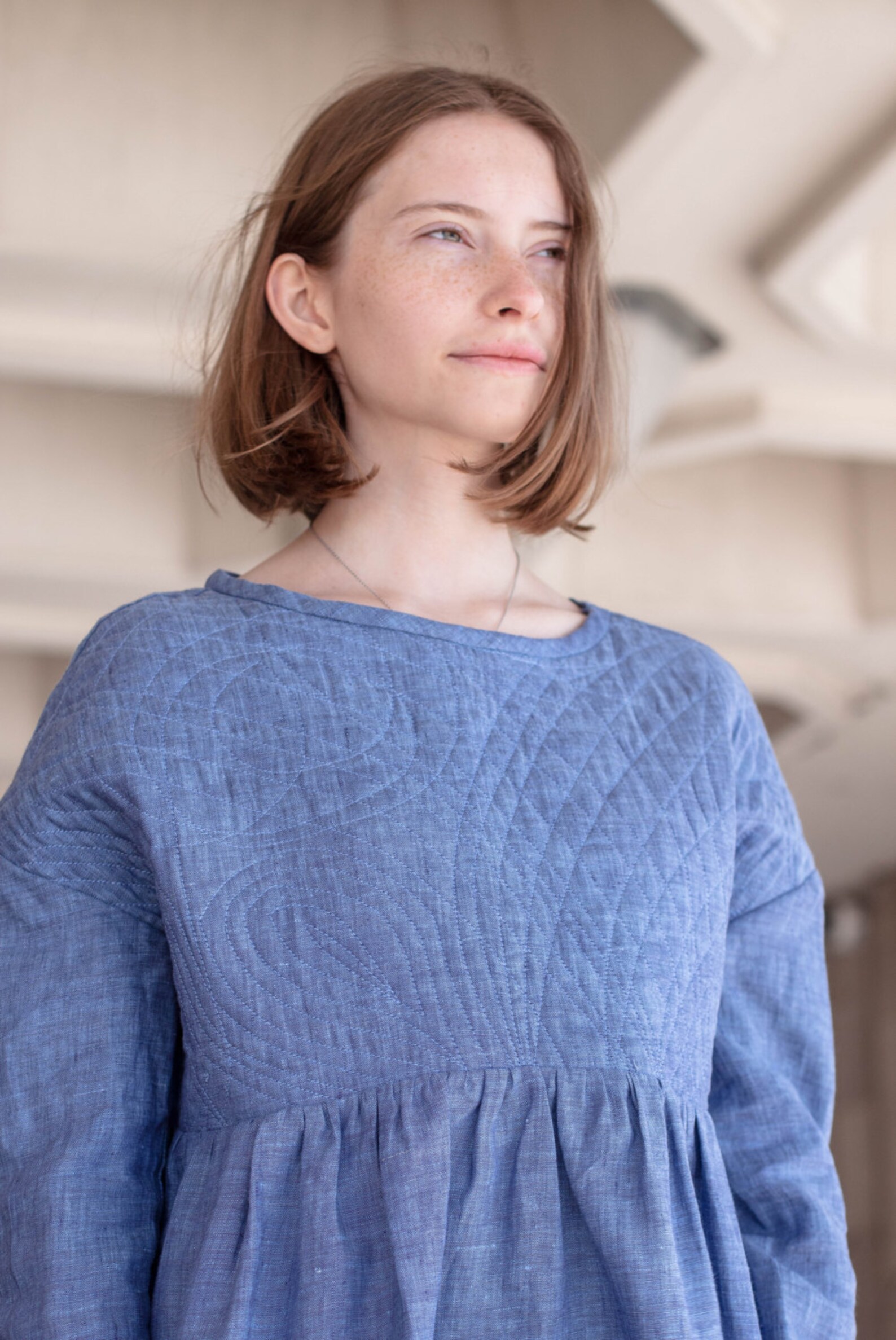 SALE Womens Linen Dress With Quilted Yoke Light Blue Etsy