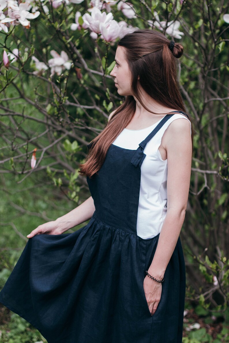 SALE Womens Linen Overall Dress Navy Blue Oversized Etsy