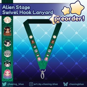 May include: Green Alien Stage swivel hook lanyard with character illustrations. The lanyard has a silver swivel hook and the text "Alien Stage Swivel Hook Lanyard" and "preorder!" is visible.
