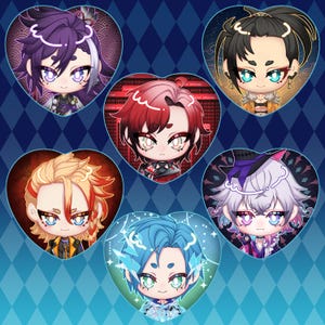 May include: Six heart-shaped character portraits with detailed anime-style faces. Each character has unique hair and eye colors, including purple, red, blonde, blue, and black. The background is a blue diamond pattern.