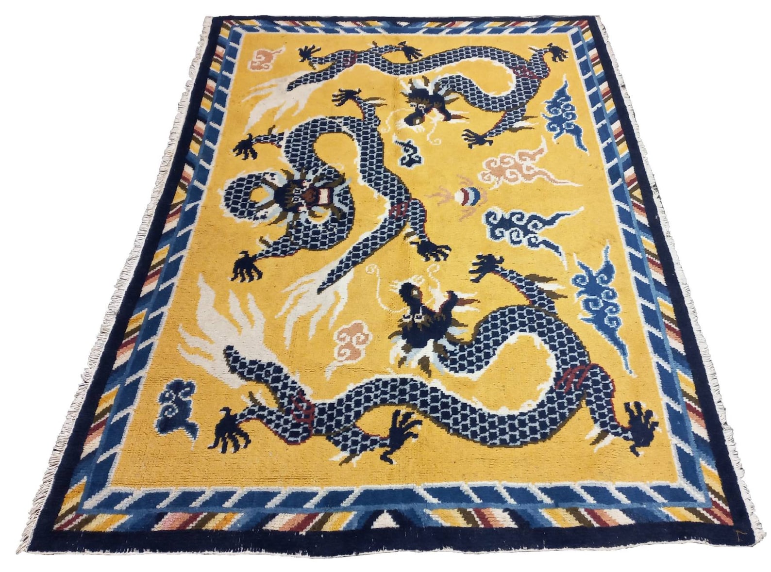 Vintage Handmade Yellow Chinese Carpet With Dragon 205x147cm Etsy