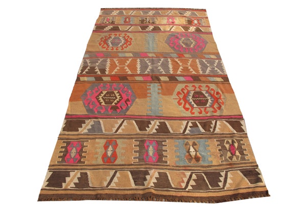 パステルトルコキリムラグ：ピンク&オレンジヴィンテージトライバル