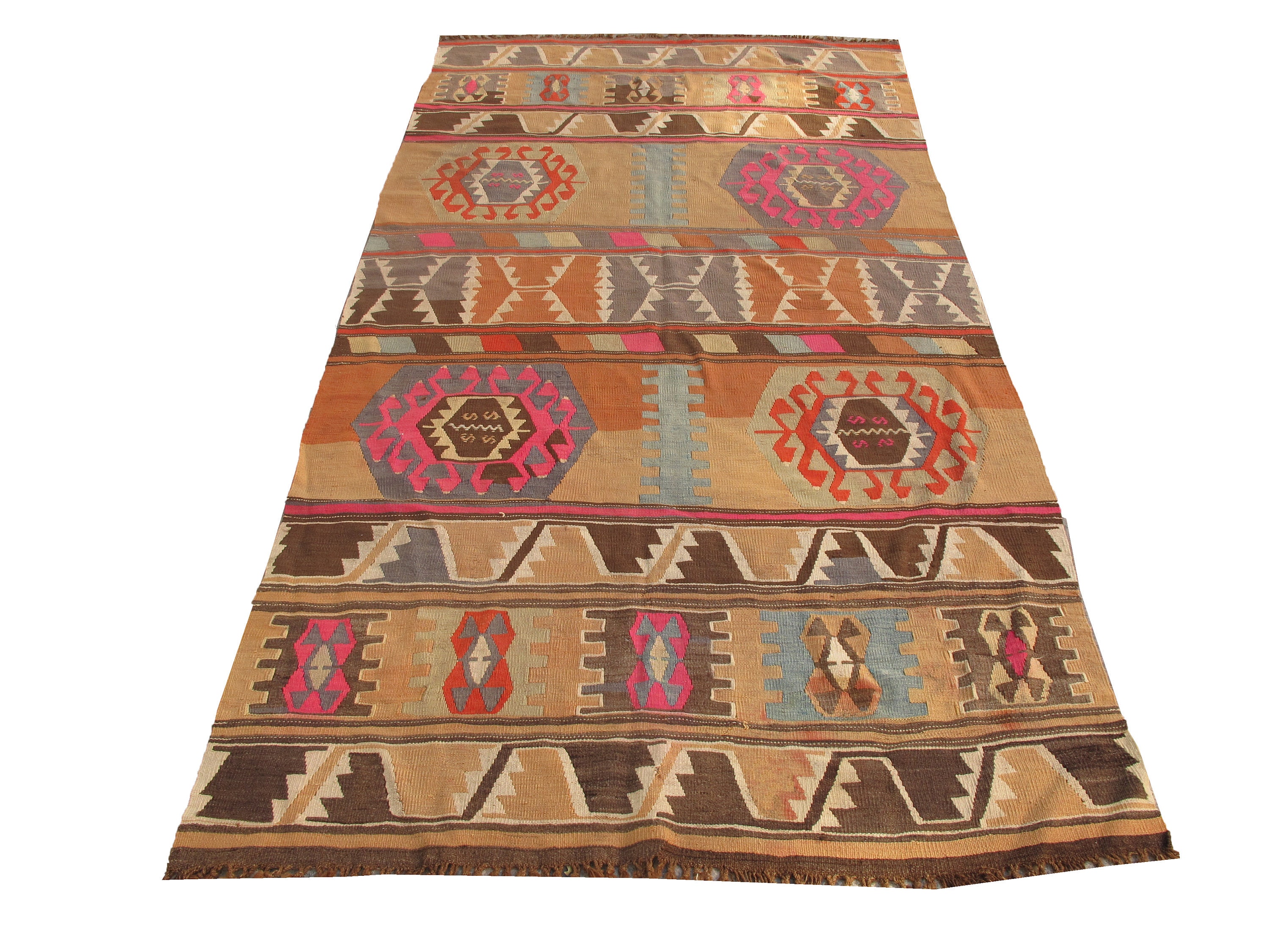 パステルトルコキリムラグ：ピンク&オレンジヴィンテージトライバル