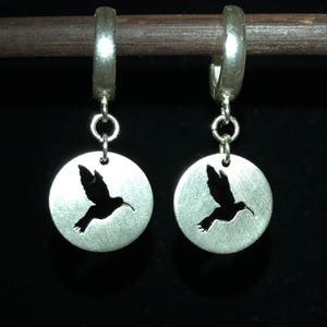 Hand Pierced Hummingbird Dangle Hoop Earrings- Hummingbird Earrings-Hummingbird Dangle Earrings-Argentium Silver Hummingbird Earrings