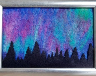 Aurora felt textile fibre art wall landscape framed northern lights borealis sky winter unique unusual merino wool scenery jewel tone decor