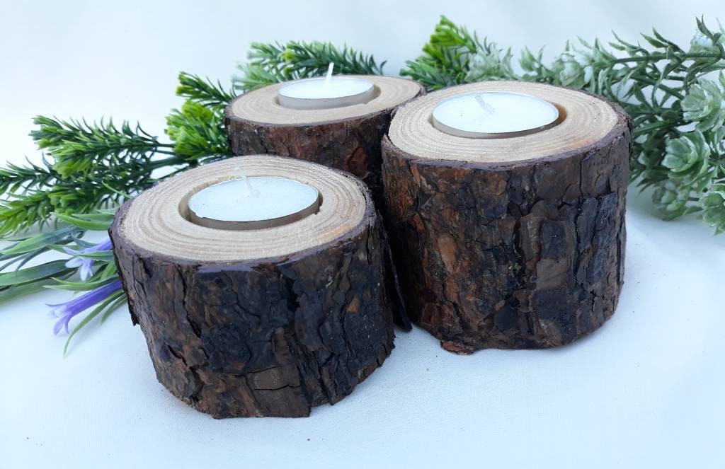 Set de tres soportes rústicos de luz de té de madera | Etsy