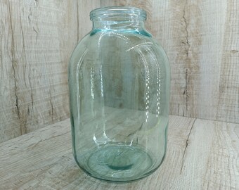 Vintage glass jar 1975 Large clear vase Green Kitchen Glass Container Round jar terrarium Primitive aquarium grandma memory Ranch Village