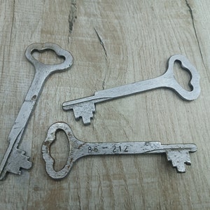May include: Three silver skeleton keys with different shapes and sizes. The key on the right has the numbers 8-6-212 engraved on it.