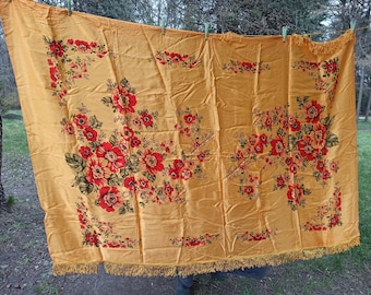 Silk tablecloth Vintage Bed Cover Satin Rug Kilim Yellow floral tablecloth Silk Bedspread Tapestry Dining tablecloth wall Bedspread