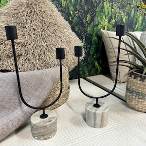 Candlestick black metal Base stone marble Minimalist design Scandinavian style Simple décor Geometry Two candle Pair unique candlestick