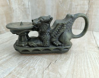 Vintage Griffon Candlestick: Medieval Bronze Metal Candle Holder