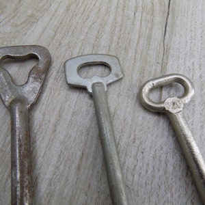 May include: Three vintage keys with different styles and finishes. The key on the left has a heart-shaped head and a rusty finish. The middle key has a simple, rectangular head and a silver finish. The key on the right has a round head and a silver finish with the number "316" engraved on it.