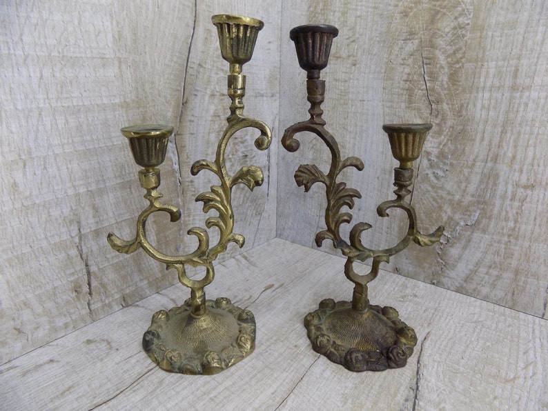 Pair Candlestick Double Vintage Bronze Candle Holder Etsy
