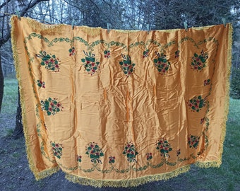 Silk tablecloth Vintage Bed Cover Satin Rug Kilim Yellow floral tablecloth Silk Bedspread Tapestry Dining tablecloth wall Bedspread