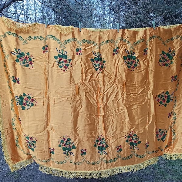 Silk tablecloth Vintage Bed Cover Satin Rug Kilim Yellow floral tablecloth Silk Bedspread Tapestry Dining tablecloth wall Bedspread