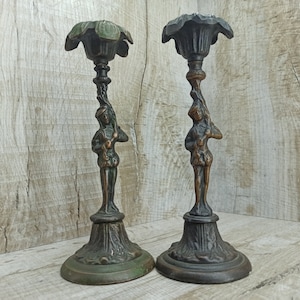 Pair Vintage candlestick human silhouette Metal candle holder Ritual candlestick Stand candles Bronze Candlestick Funerary candle exequies