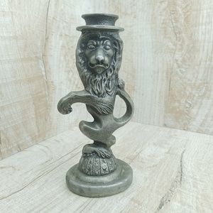 Vintage candlestick with lion Metal candle holder tetramorph Ritual candlestick Stand two candles Copper Metal Candlestick man Lion symbol