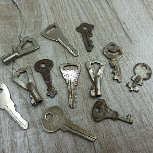 Puede incluir: Una colección de llaves vintage con varios diseños y acabados, incluyendo latón, plata y níquel. Las llaves están dispuestas sobre una superficie de madera clara.