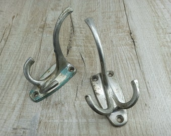 Vintage Aluminum Coat Hooks: Rustic Silver Bathroom Towel Hanger, Set of 2